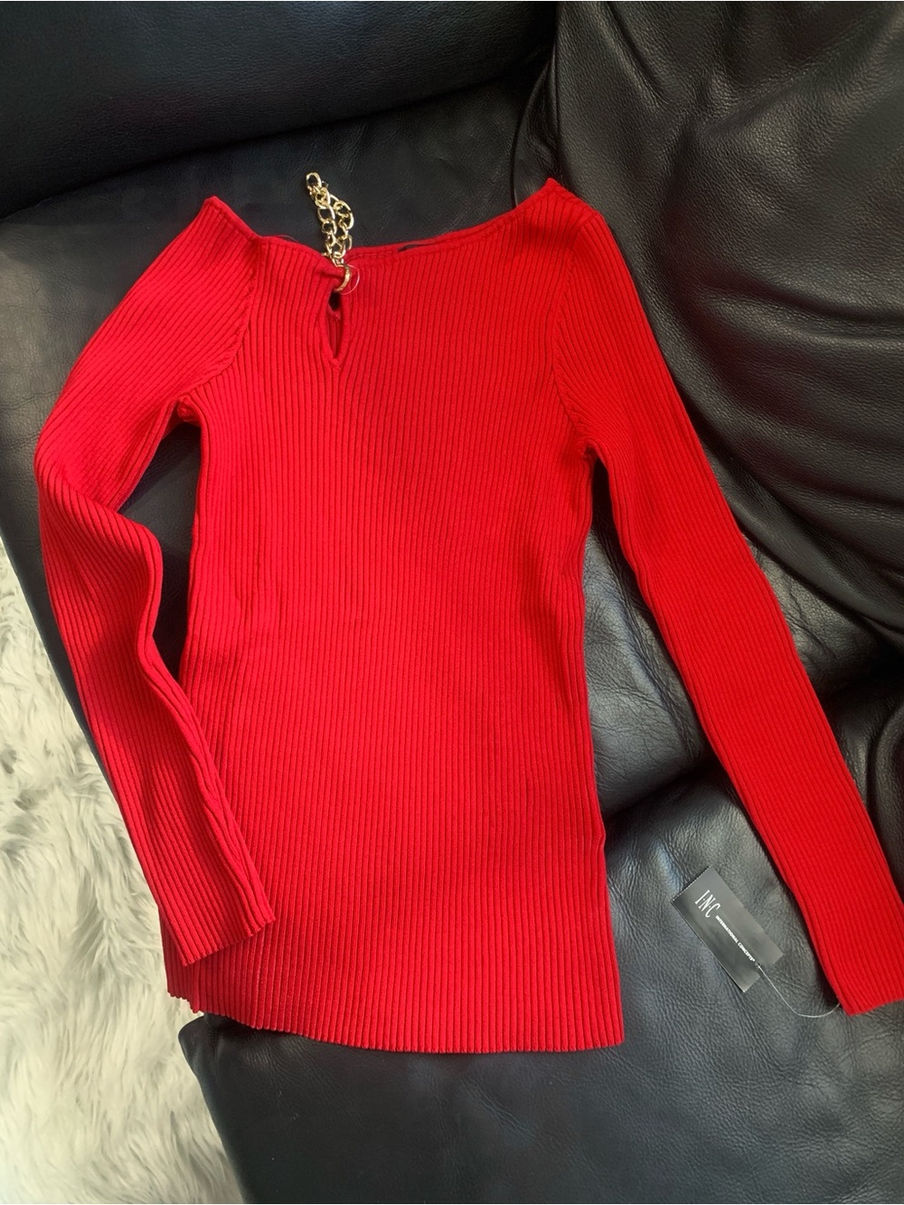 INC International Concepts Red Ribbed Off-the-Shoulder Sweater with Chain Accent